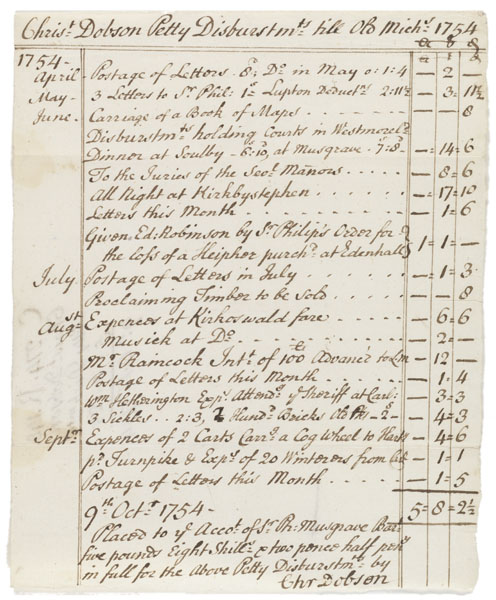 Christopher Dobson petty disbursements, 1754 Oct 9.